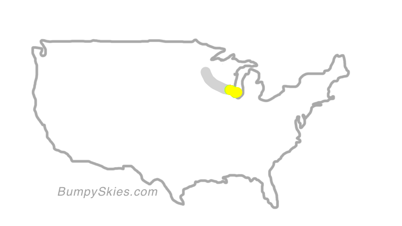 Map of continental US with illustrated flight path and turbulence forecast (described in text below)
