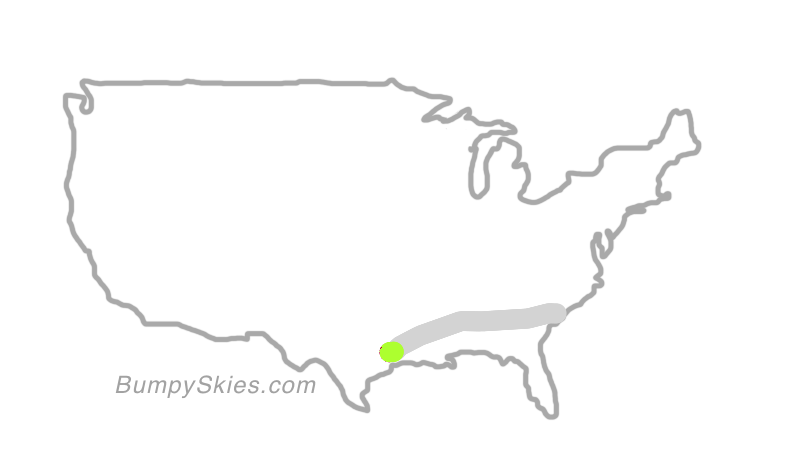 Map of continental US with illustrated flight path and turbulence forecast (described in text below)