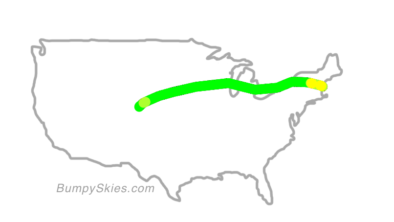 Map of continental US with illustrated flight path and turbulence forecast (described in text below)