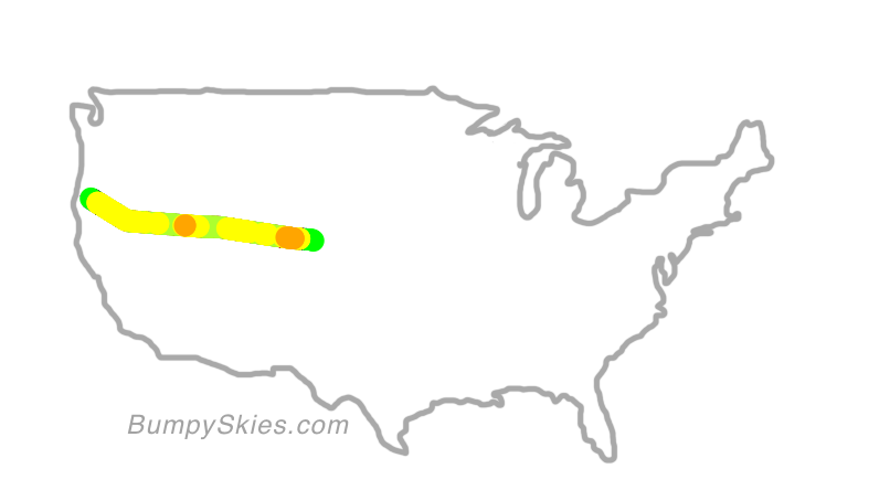 Map of continental US with illustrated flight path and turbulence forecast (described in text below)