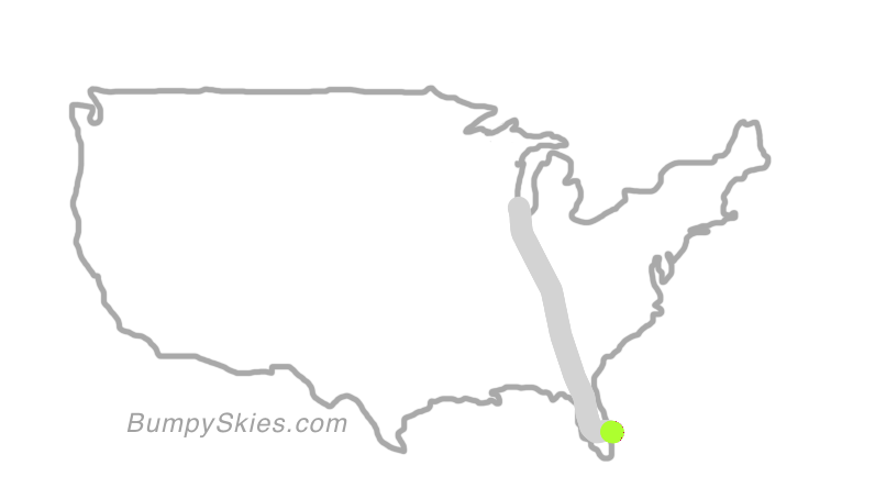 Map of continental US with illustrated flight path and turbulence forecast (described in text below)