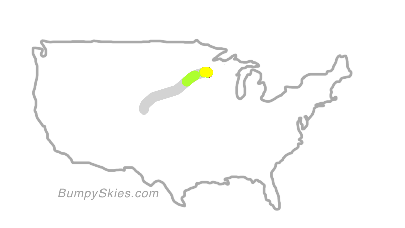 Map of continental US with illustrated flight path and turbulence forecast (described in text below)