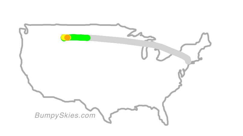 Map of continental US with illustrated flight path and turbulence forecast (described in text below)