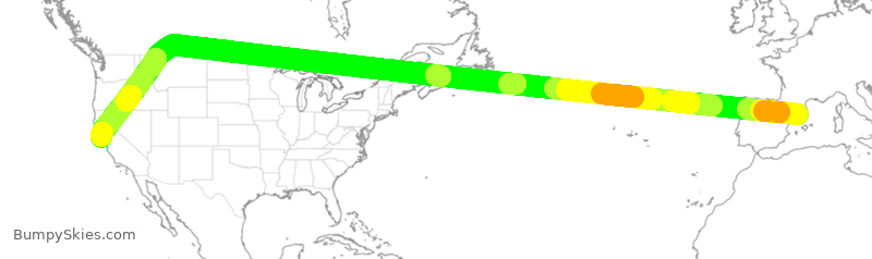 Turbulence forecast map for UAL673, BCN to SFO
