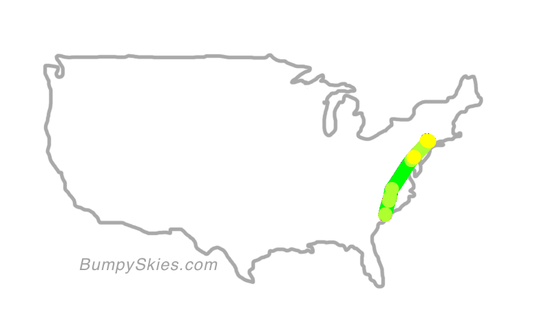 Map of continental US with illustrated flight path and turbulence forecast (described in text below)