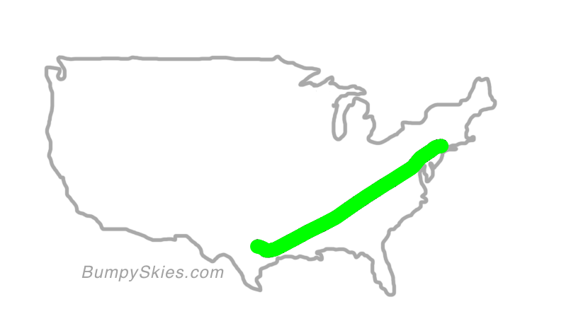 Map of continental US with illustrated flight path and turbulence forecast (described in text below)
