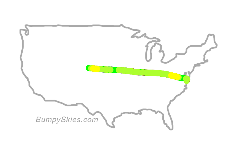 Map of continental US with illustrated flight path and turbulence forecast (described in text below)