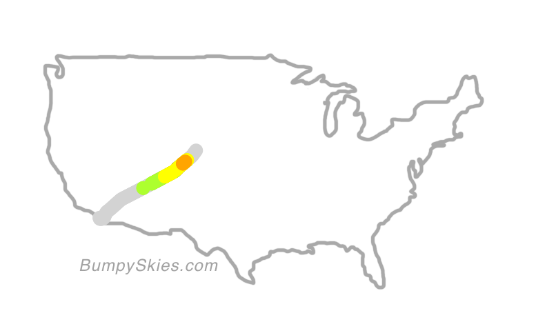 Map of continental US with illustrated flight path and turbulence forecast (described in text below)