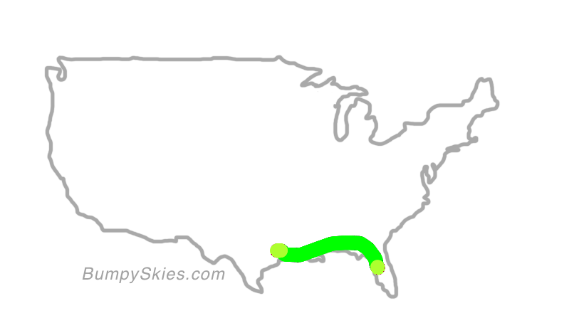 Map of continental US with illustrated flight path and turbulence forecast (described in text below)