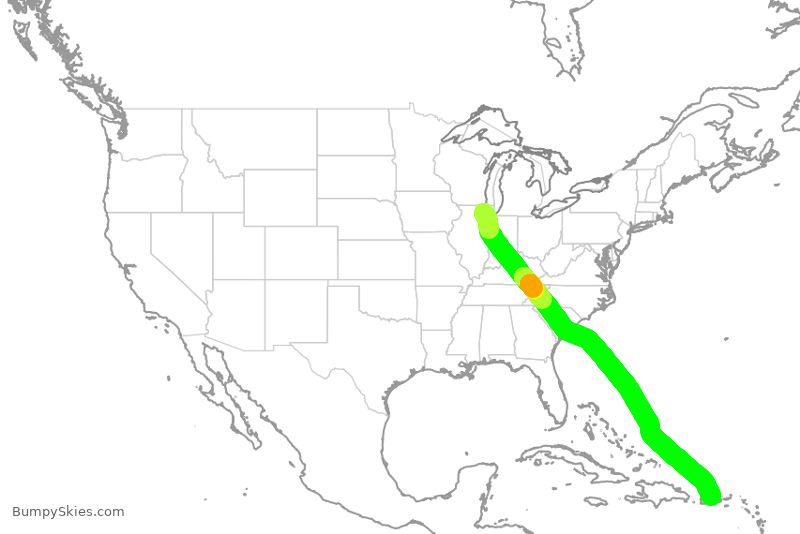 Turbulence forecast map for UAL695, ORD to SJU