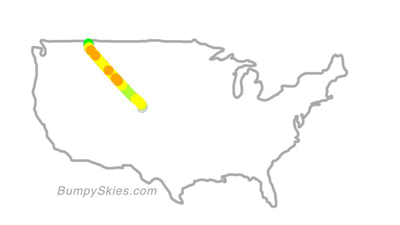 Map of continental US with illustrated flight path and turbulence forecast (described in text below)