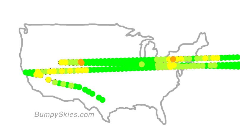 Map of continental US with illustrated flight path and turbulence forecast (described in text below)