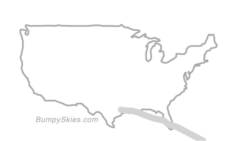 Map of continental US with illustrated flight path and turbulence forecast (described in text below)