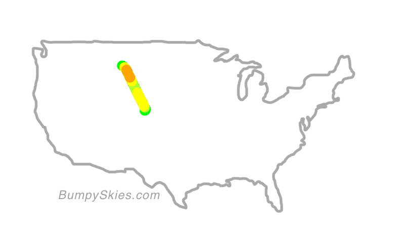 Map of continental US with illustrated flight path and turbulence forecast (described in text below)