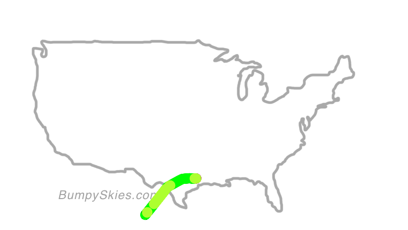 Map of continental US with illustrated flight path and turbulence forecast (described in text below)