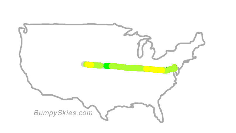 Map of continental US with illustrated flight path and turbulence forecast (described in text below)