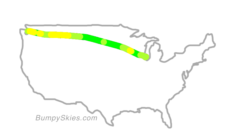 Map of continental US with illustrated flight path and turbulence forecast (described in text below)