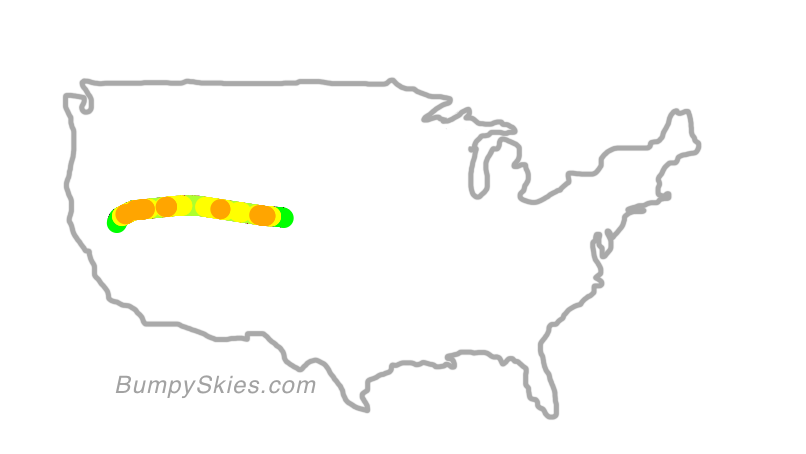 Map of continental US with illustrated flight path and turbulence forecast (described in text below)