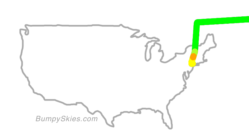 Map of continental US with illustrated flight path and turbulence forecast (described in text below)