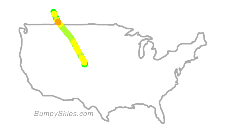 Map of continental US with illustrated flight path and turbulence forecast (described in text below)