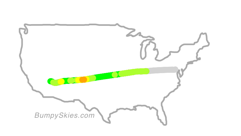 Map of continental US with illustrated flight path and turbulence forecast (described in text below)