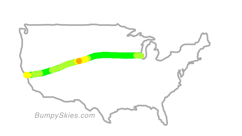 Map of continental US with illustrated flight path and turbulence forecast (described in text below)
