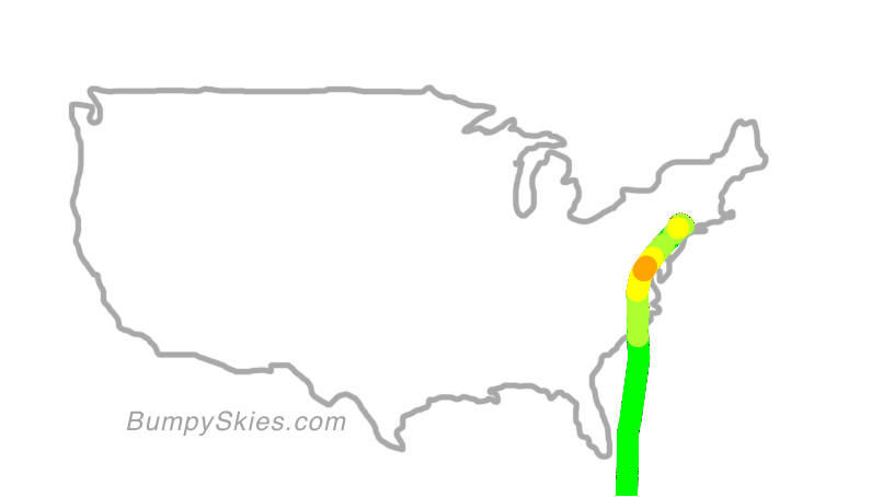Map of continental US with illustrated flight path and turbulence forecast (described in text below)