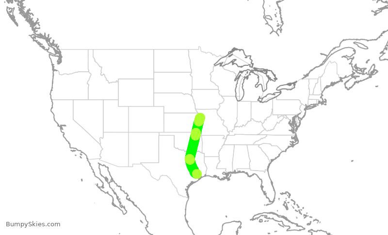 Turbulence forecast map for UAL740, MCI to IAH