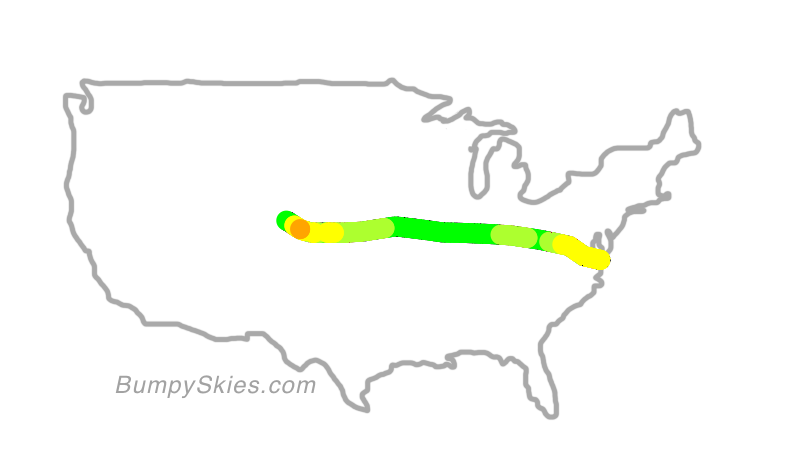 Map of continental US with illustrated flight path and turbulence forecast (described in text below)