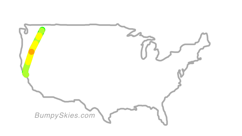 Map of continental US with illustrated flight path and turbulence forecast (described in text below)