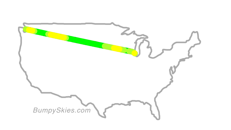 Map of continental US with illustrated flight path and turbulence forecast (described in text below)
