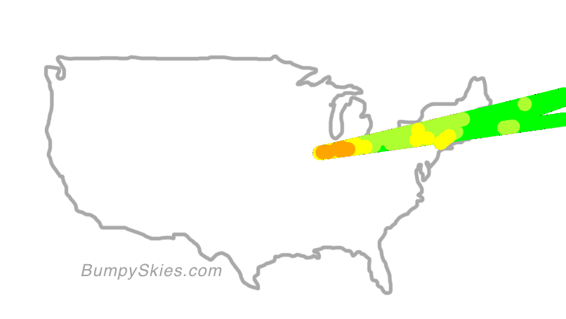 Map of continental US with illustrated flight path and turbulence forecast (described in text below)