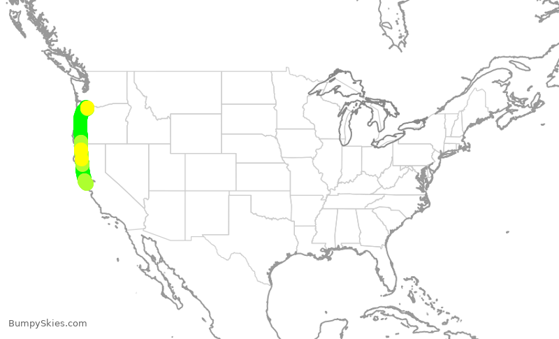 Turbulence forecast map for UAL751, PDX to SFO