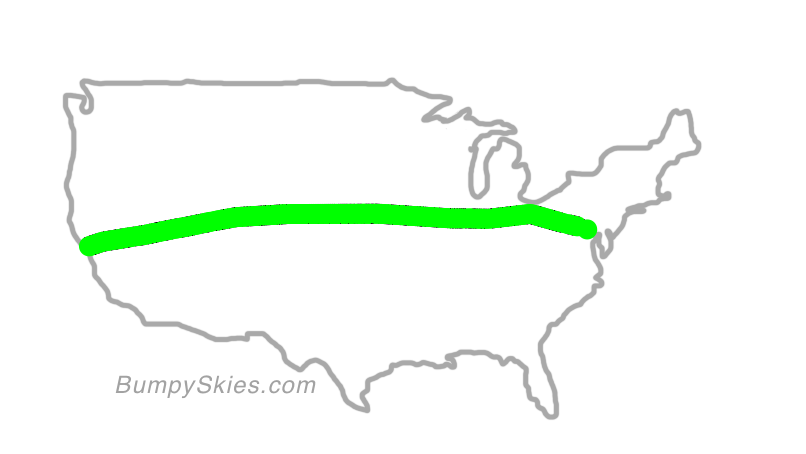 Map of continental US with illustrated flight path and turbulence forecast (described in text below)