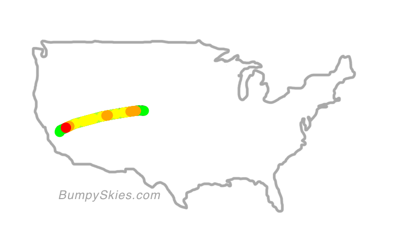 Map of continental US with illustrated flight path and turbulence forecast (described in text below)