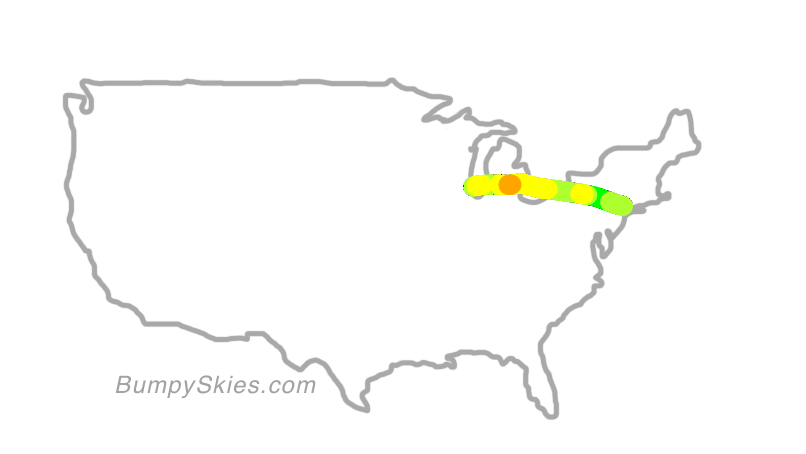 Map of continental US with illustrated flight path and turbulence forecast (described in text below)