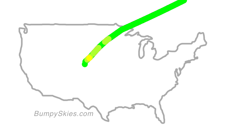 Map of continental US with illustrated flight path and turbulence forecast (described in text below)