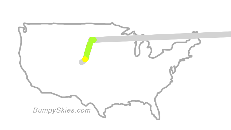 Map of continental US with illustrated flight path and turbulence forecast (described in text below)