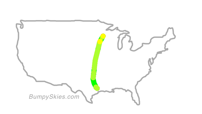 Map of continental US with illustrated flight path and turbulence forecast (described in text below)