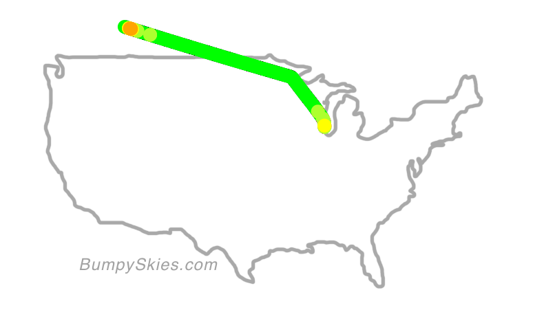 Map of continental US with illustrated flight path and turbulence forecast (described in text below)