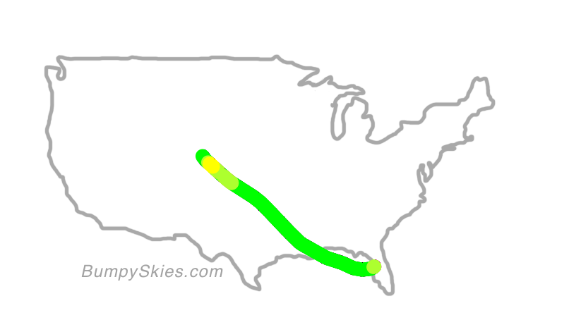 Map of continental US with illustrated flight path and turbulence forecast (described in text below)