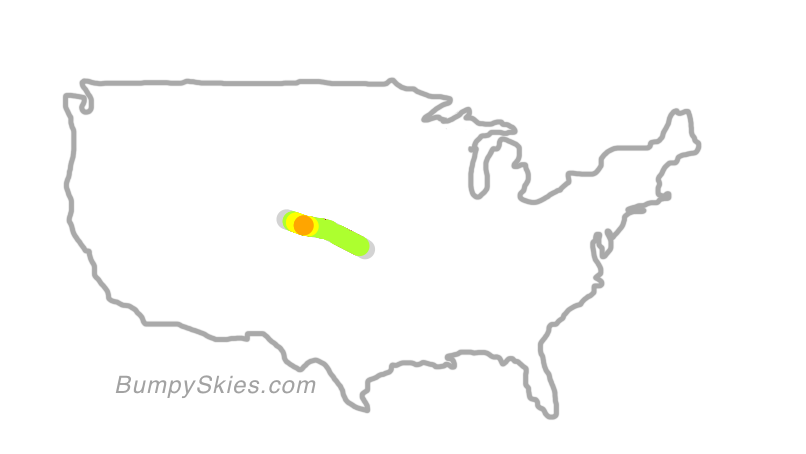 Map of continental US with illustrated flight path and turbulence forecast (described in text below)
