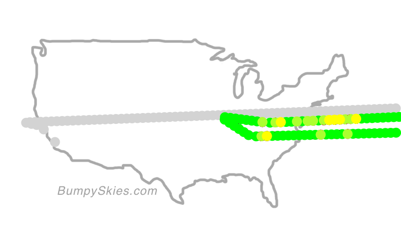 Map of continental US with illustrated flight path and turbulence forecast (described in text below)