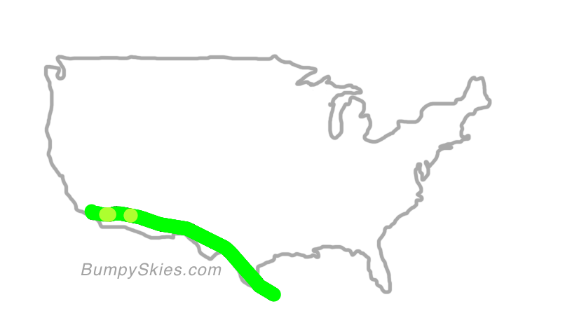 Map of continental US with illustrated flight path and turbulence forecast (described in text below)
