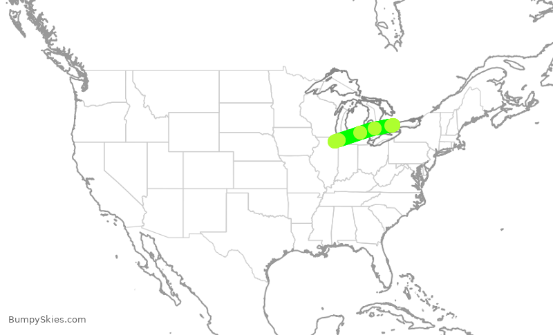 Turbulence forecast map for UAL777, YYZ to ORD