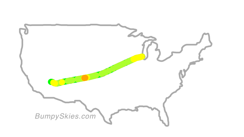 Map of continental US with illustrated flight path and turbulence forecast (described in text below)