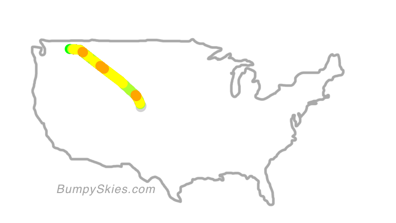 Map of continental US with illustrated flight path and turbulence forecast (described in text below)