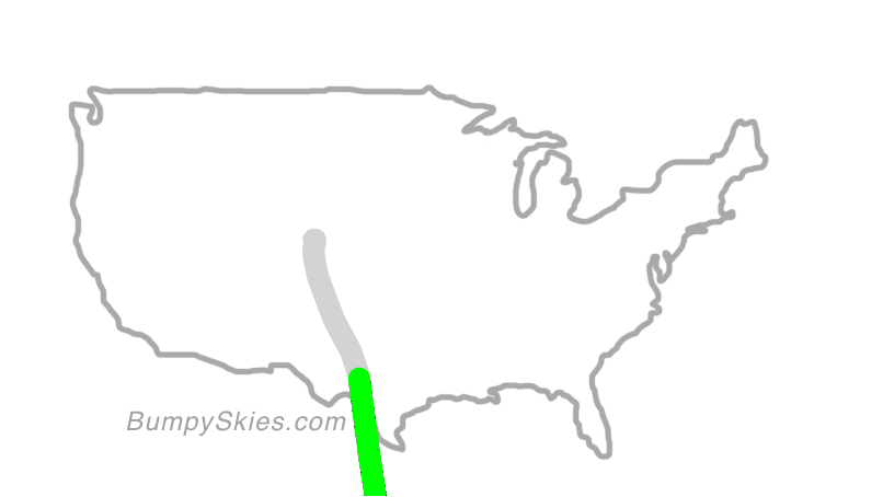 Map of continental US with illustrated flight path and turbulence forecast (described in text below)