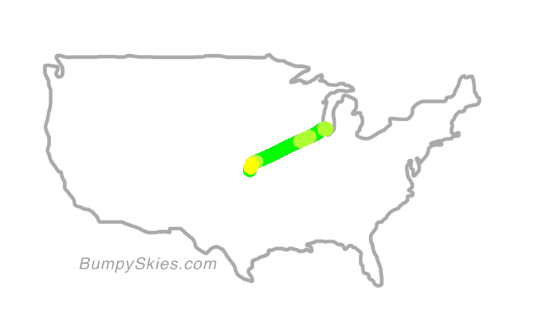 Map of continental US with illustrated flight path and turbulence forecast (described in text below)
