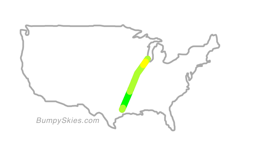 Map of continental US with illustrated flight path and turbulence forecast (described in text below)